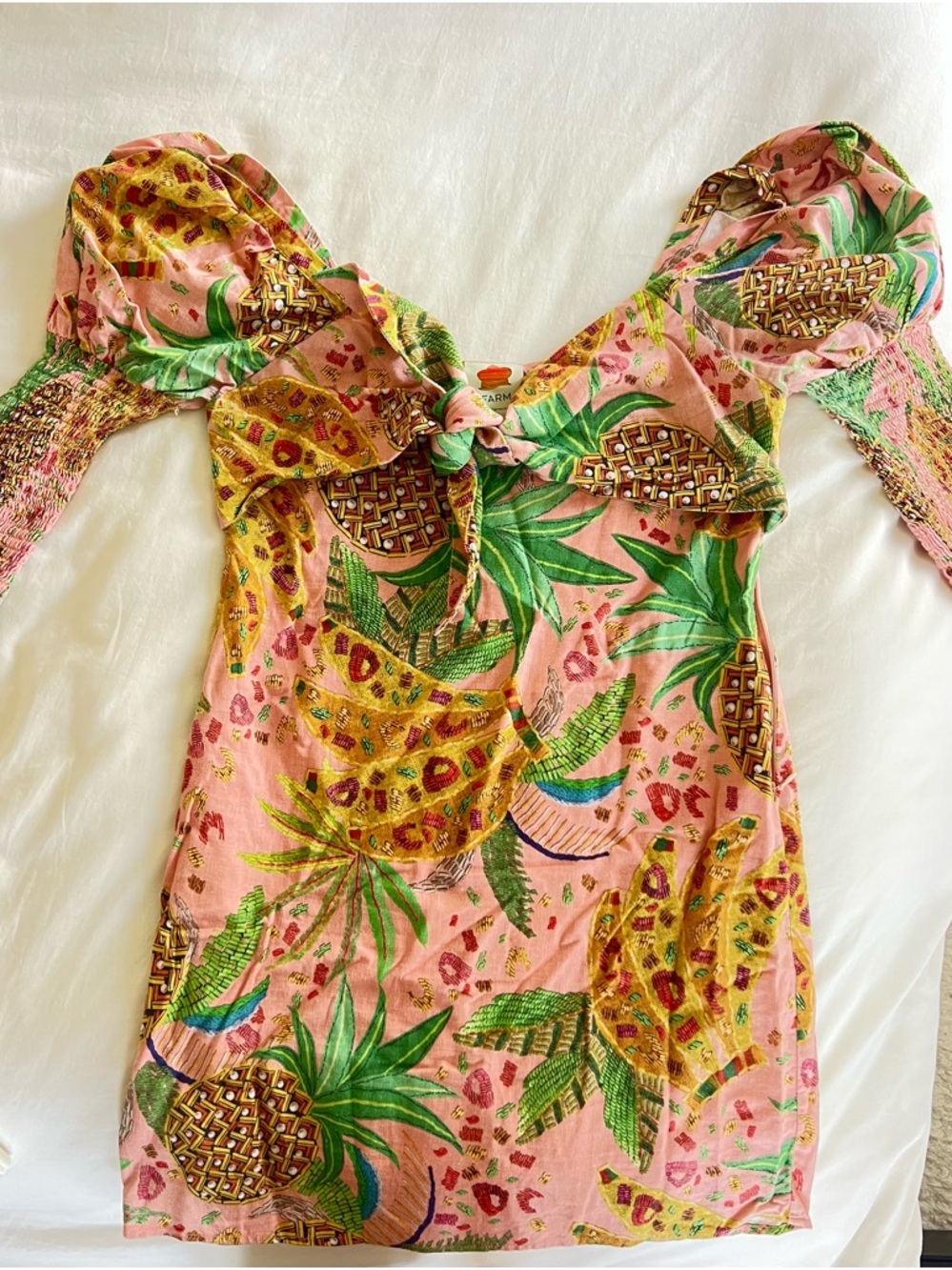 Farm Rio sz S Pineapple Tie-Front Mini Dress - Pink & Green - Picture 5 of 6